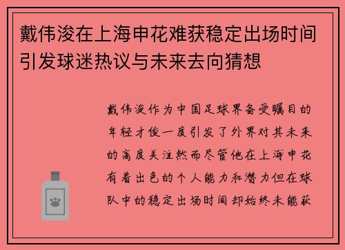 戴伟浚在上海申花难获稳定出场时间引发球迷热议与未来去向猜想